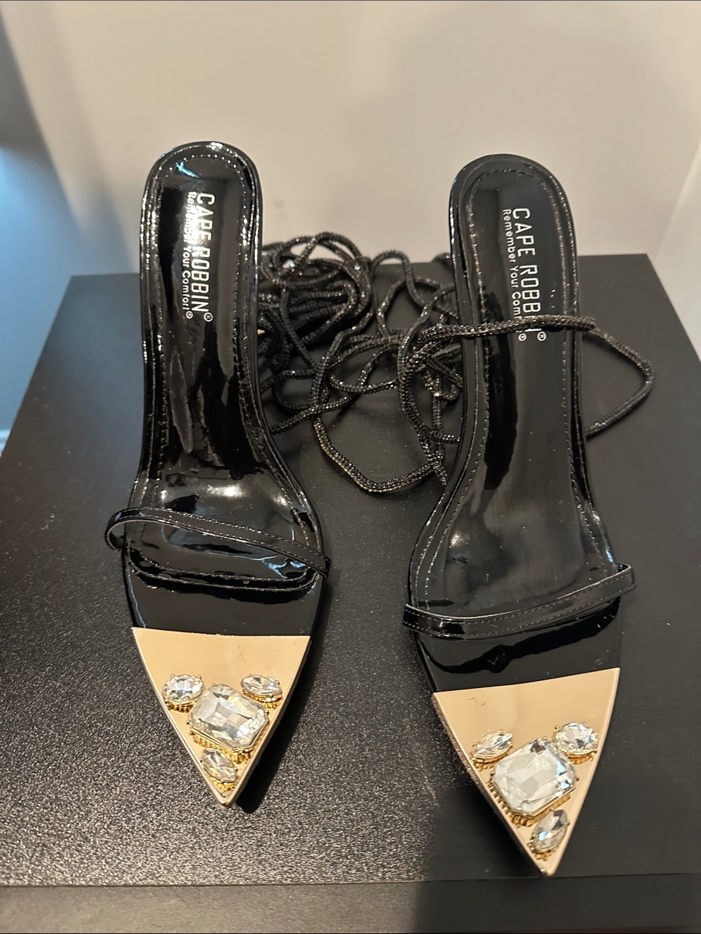 Cape Robbin Black Patent Pointed Toe Heels with Gold Crystal Caps